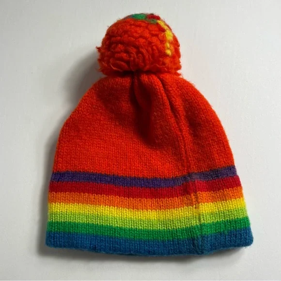 Vintage Rainbow Pom Pom Hat Beanie Striped Wool - Picture 4 of 7